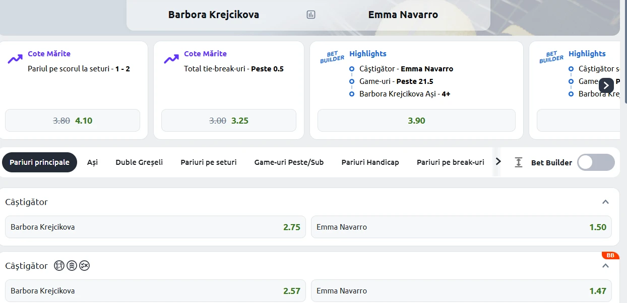 Cote Pariuri Barbora Krejcikova vs Emma Navarro