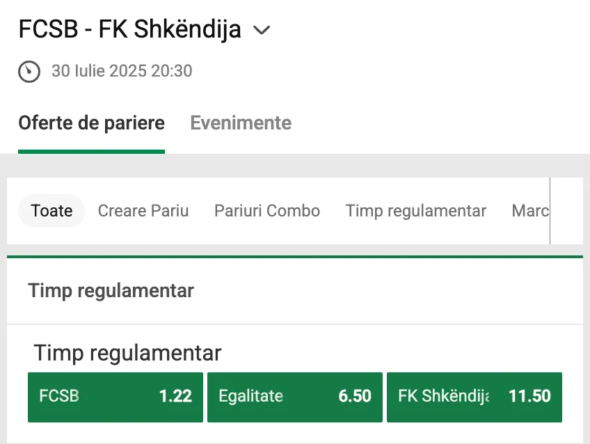 Cote Pariuri FCSB vs Shkendija preluate de la Unibet
