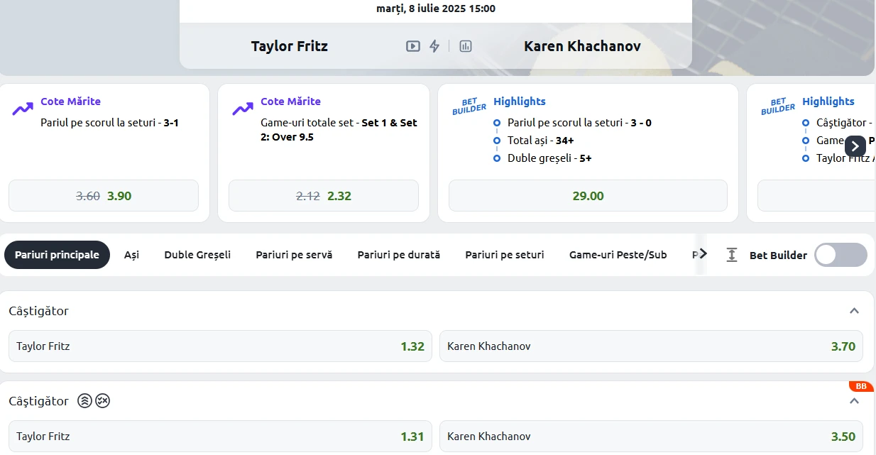 Cote Pariuri Taylor Fritz vs Karen Khachanov
