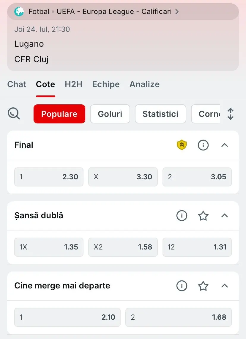Cote Superbet pentru Lugano vs CFR Cluj