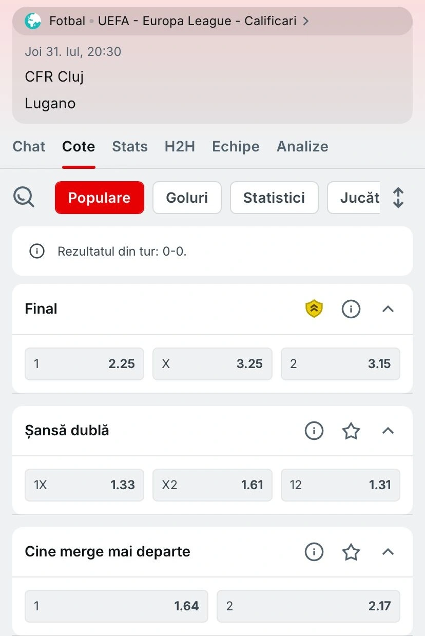 Cote pariuri CFR Cluj vs Lugano la operatorul Superbet