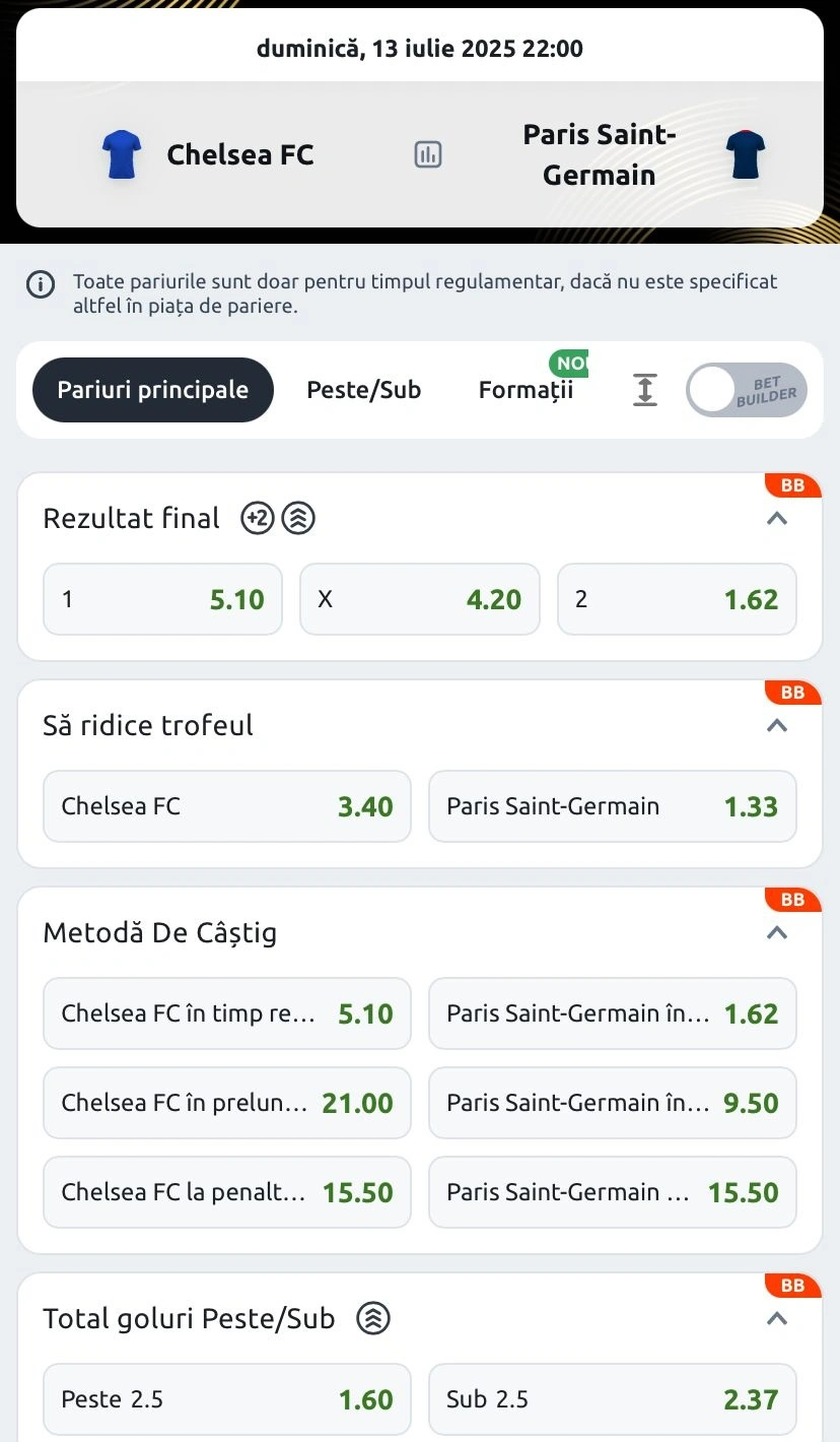 Cote pariuri Chelsea vs PSG la Betano