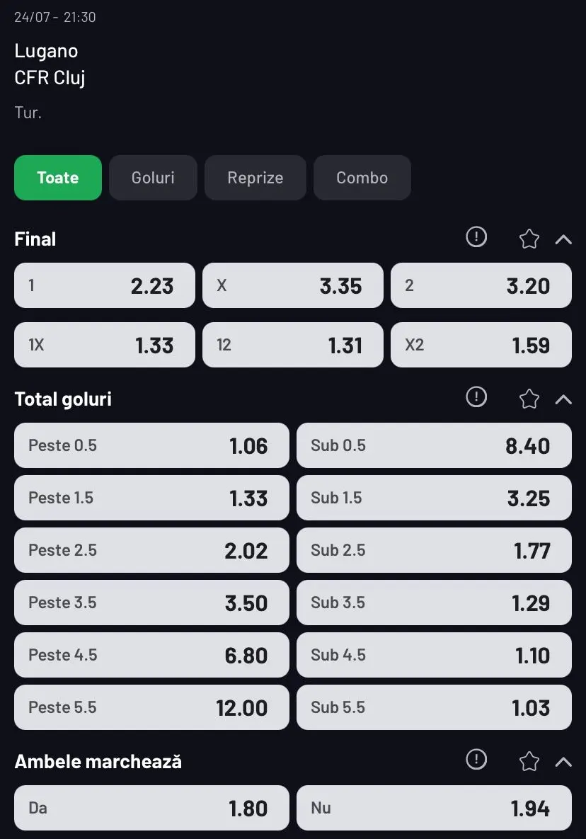 Cote pariuri Lugano vs CFR Cluj la MaxBet