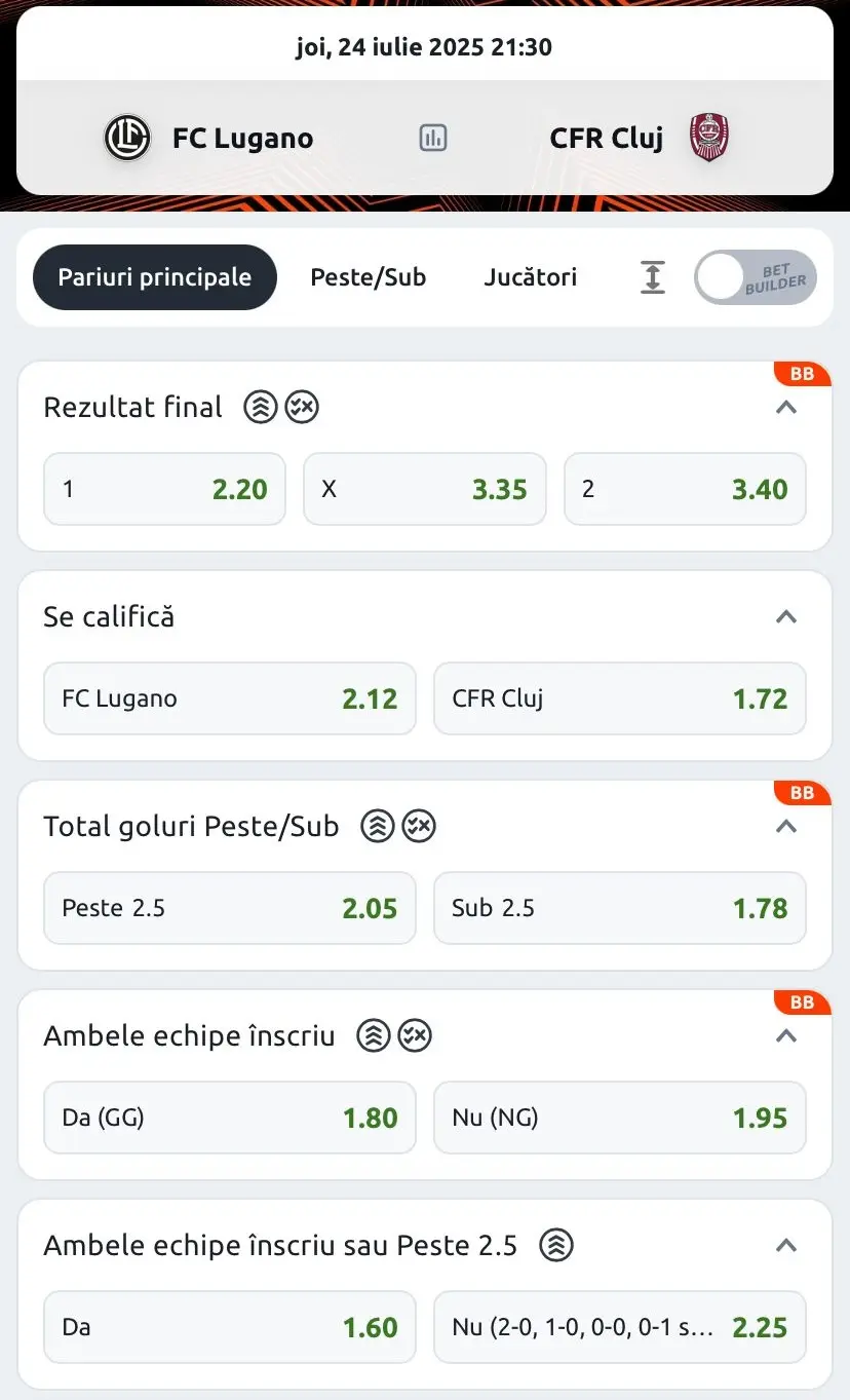 Cote pariuri Lugano vs CFR Cluj - vice-campioana Romaniei porneste cu sansa a doua