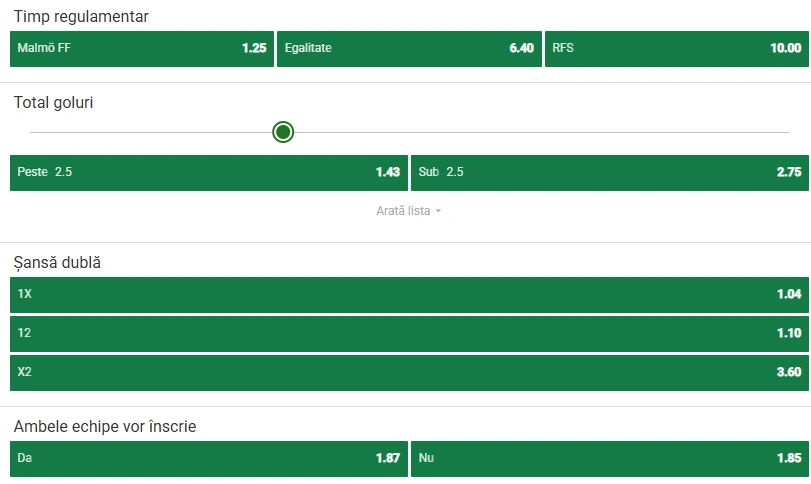 Cote pariuri Malmo vs RFS la Unibet