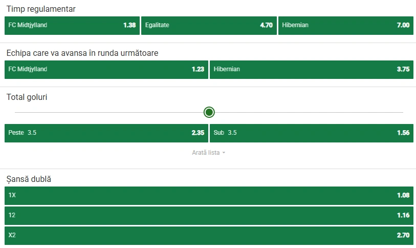 Cote pariuri Midtjylland vs Hibernian la Unibet