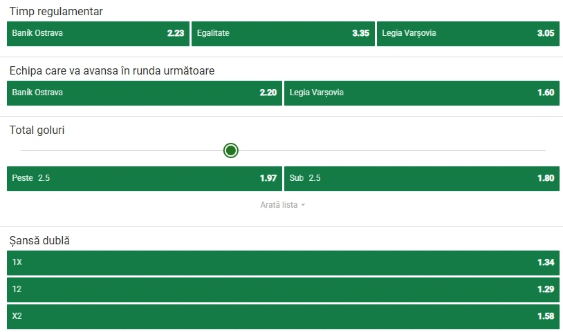 Cote pariuri Ostrava vs Legia Varsovia la Unibet