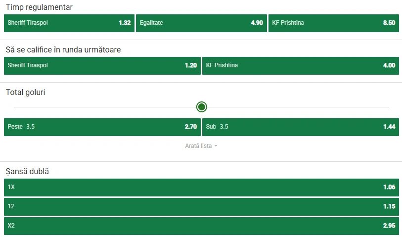Cote pariuri Sheriff Tiraspol vs Prishtina la Unibet