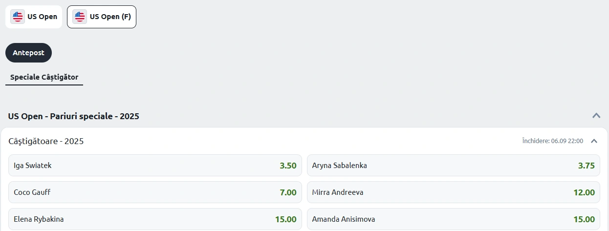 Cote pariuri US Open 2025 simplu feminin betano