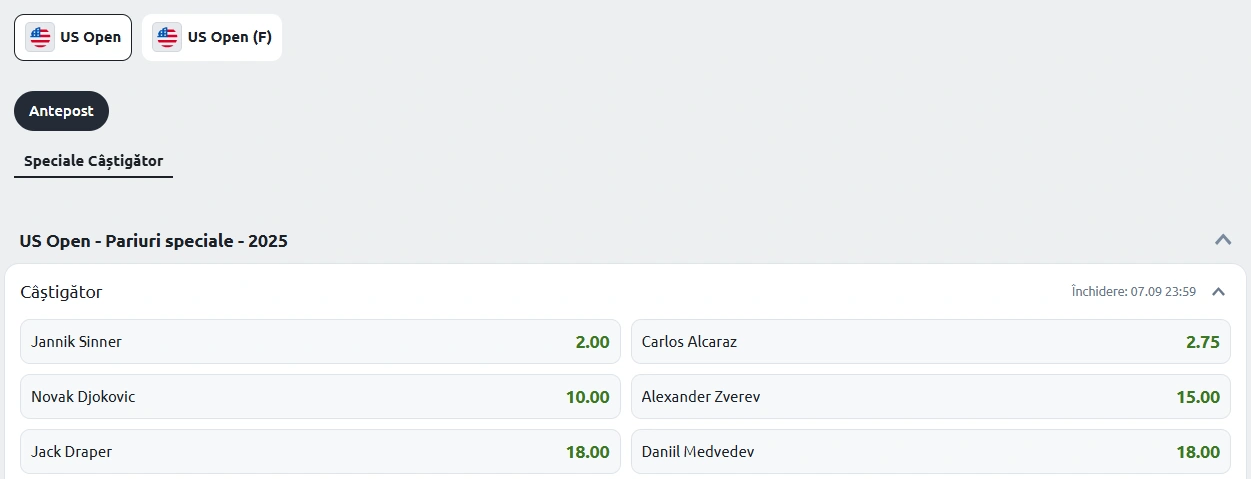 Cote pariuri US Open 2025 simplu masculin betano