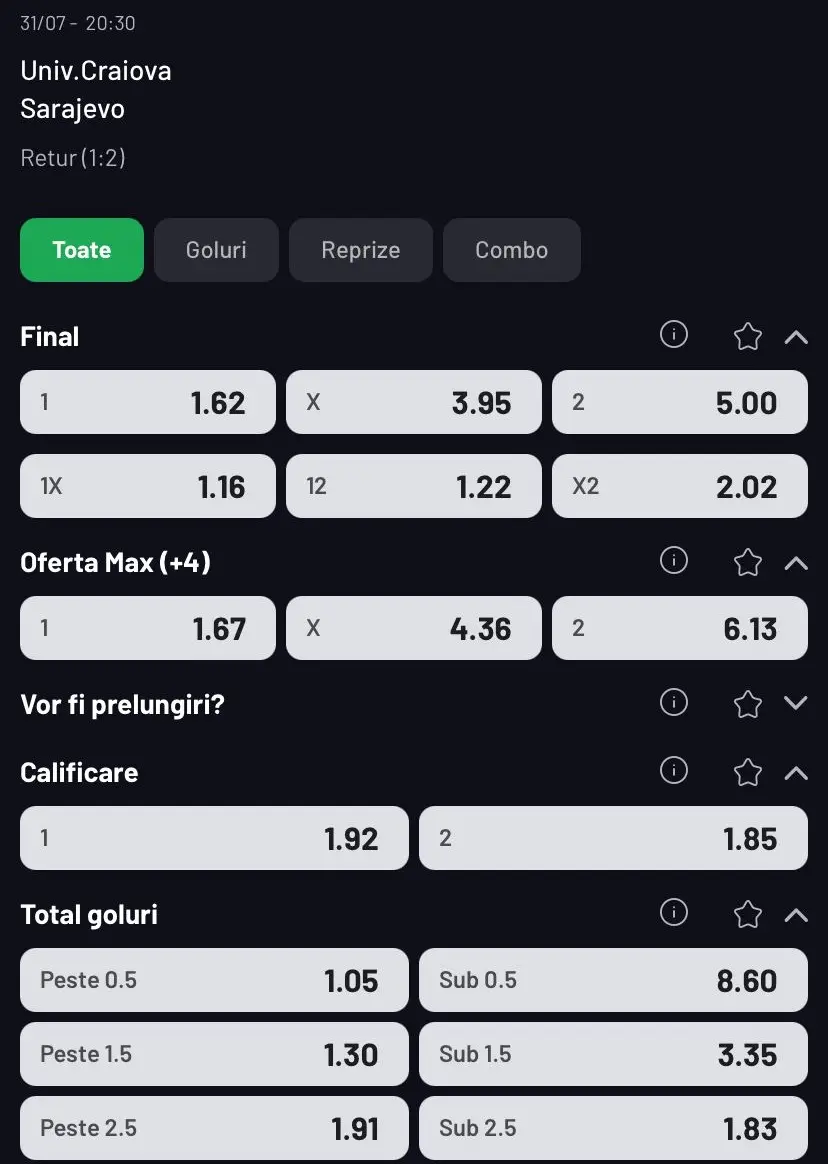 Cote pariuri Universitatea Craiova vs Sarajevo oferite de MaxBet