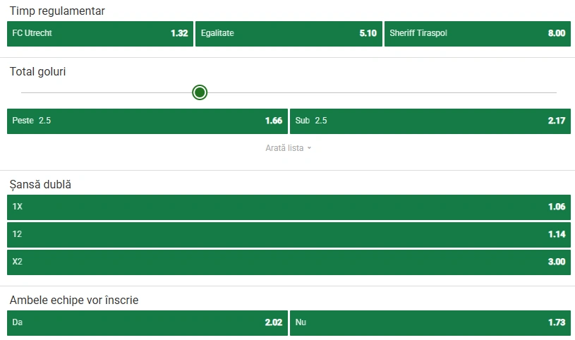 Cote pariuri Utrecht vs Sheriff Tiraspol la Unibet