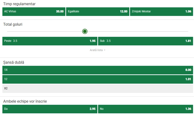 Cote pariuri Virtus vs Zrinjski Mostar la Unibet
