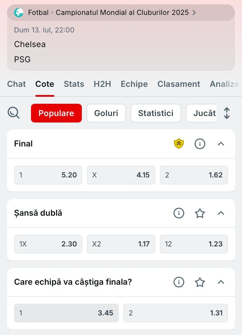 Cum arata cotele pentru Chelsea vs PSG la Superbet
