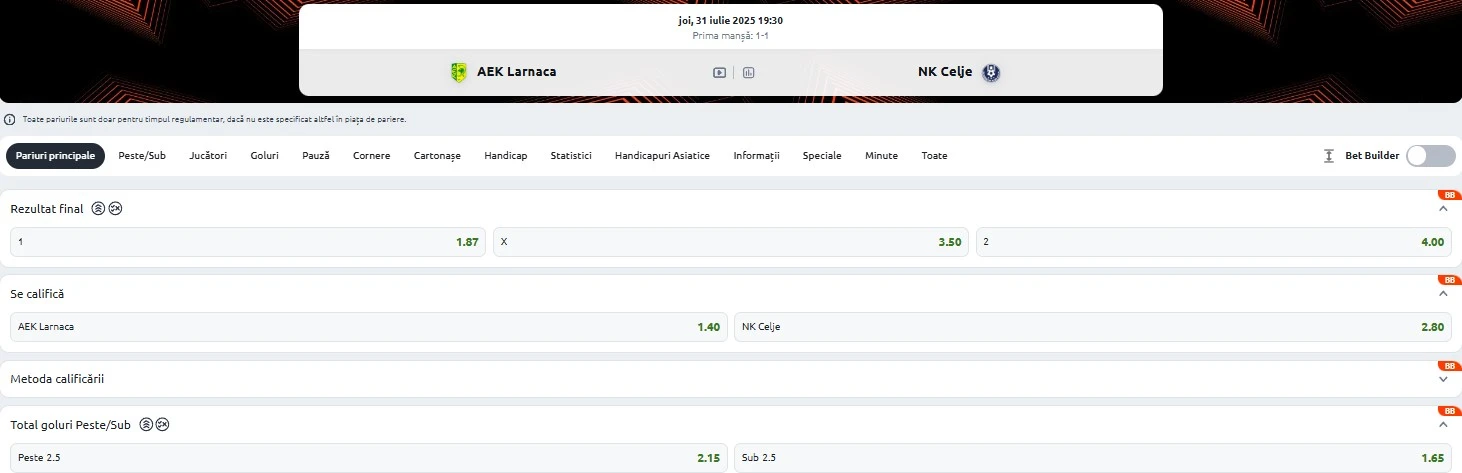 Cote pariuri AEK Larnaca vs Celje