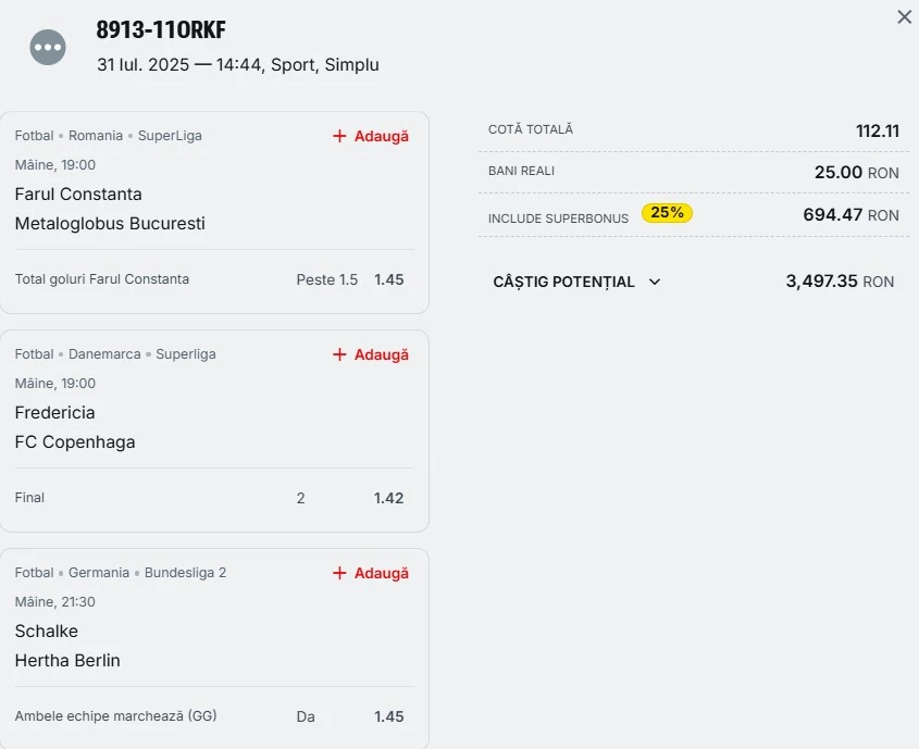 Bilet de weekend din fotbal la Superbet 01.08.2025
