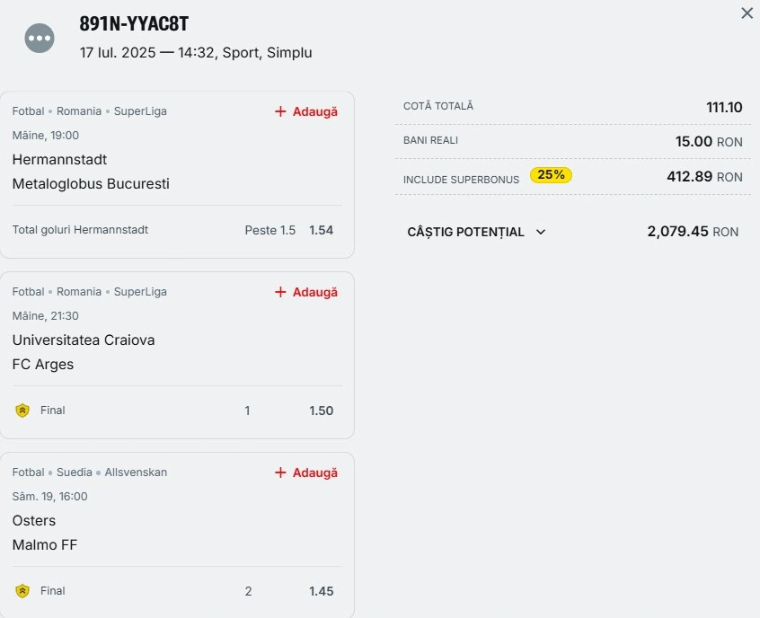 Bilet pariu șansă Superbet 18 iulie 2025