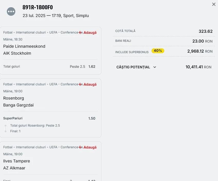 Bilet pariu șansă Superbet 24.07.2025