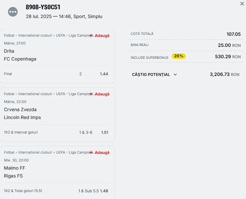 Bilet pariu șansă Superbet 29 iulie 2025