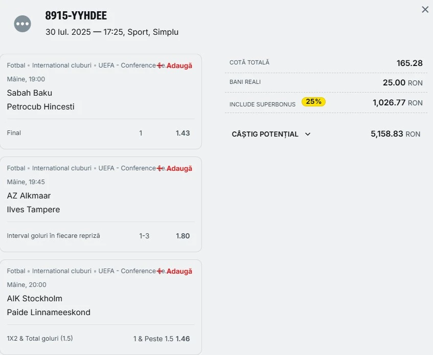 Bilet pariu șansă Superbet 31 iulie 2025