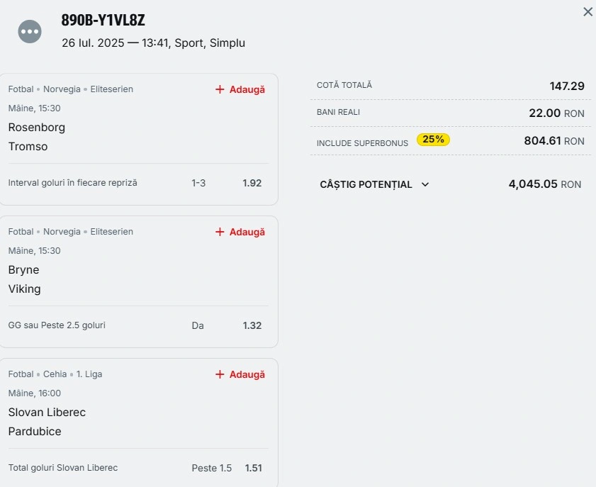 Bilet pariu șansă Superbet din fotbal 27 iulie 2025