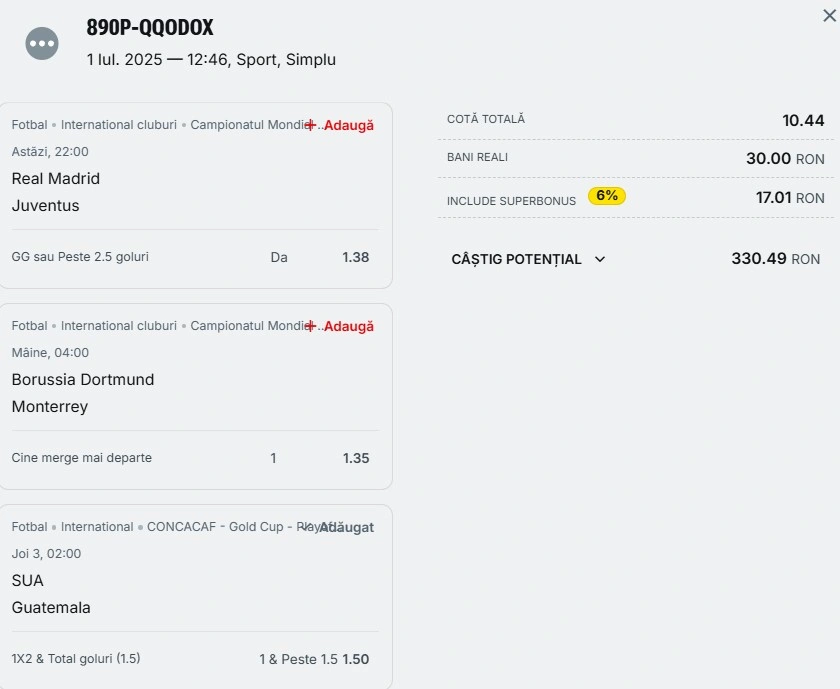 Bilet săptămânal din fotbal 1 iulie 2025