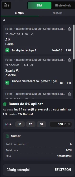 Biletul zilei azi din Conference League 31.07.2025