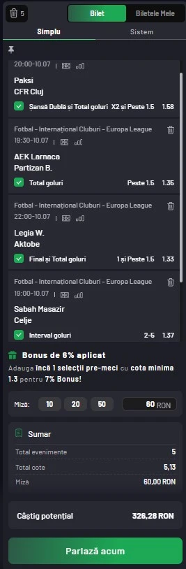Biletul zilei azi din Europa League 10 iulie 2025