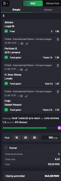 Biletul zilei azi din Europa League 17.07.2025