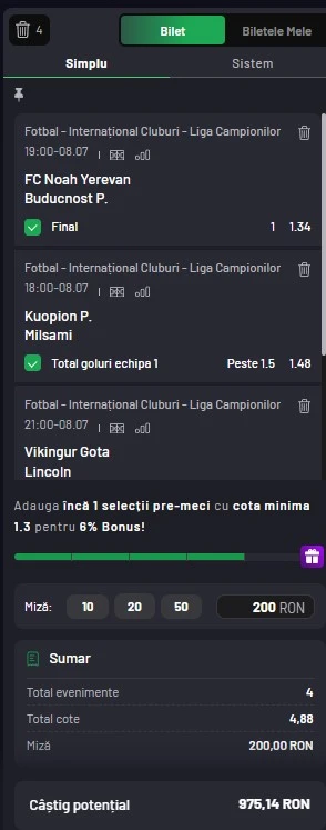 Biletul zilei azi din Preliminariile Champions League 08.07.2025