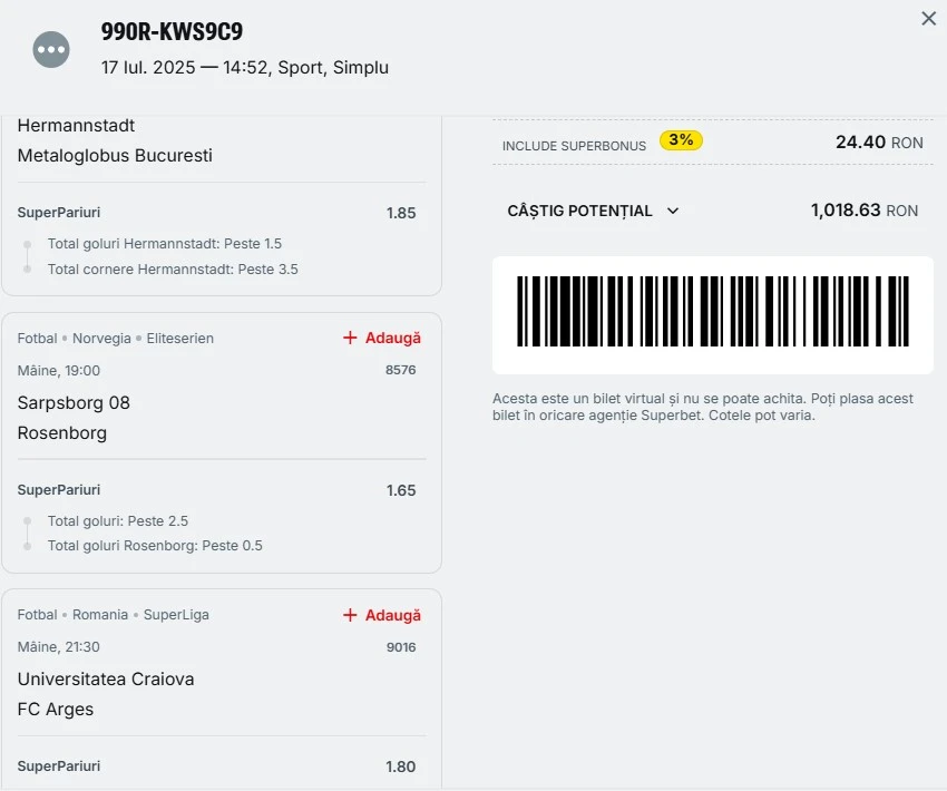 Biletul zilei azi la Superbet 18.07.2025