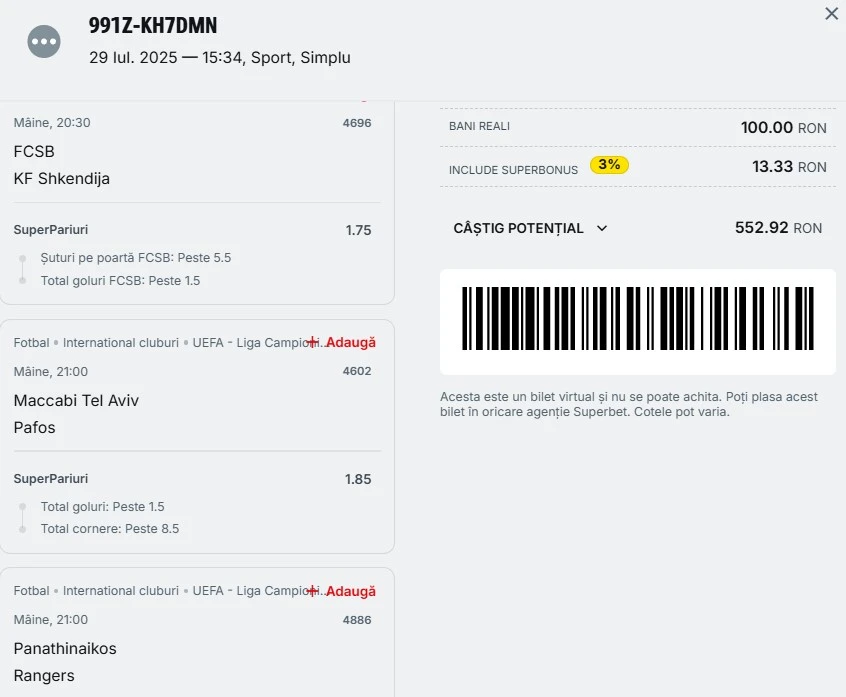 Biletul zilei azi la Superbet 30.07.2025