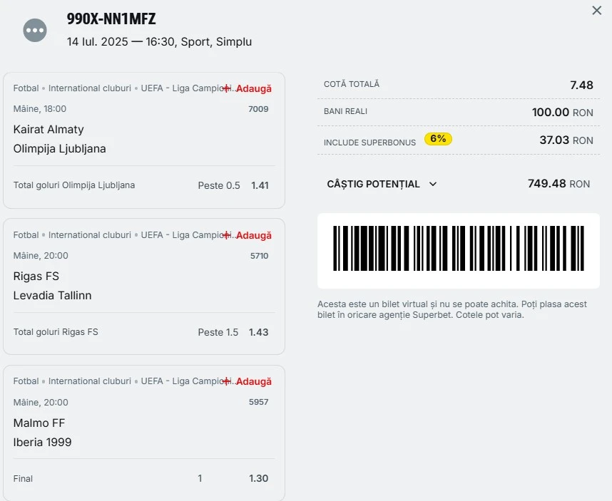 Biletul zilei din fotbal la Superbet 15 iulie 2025