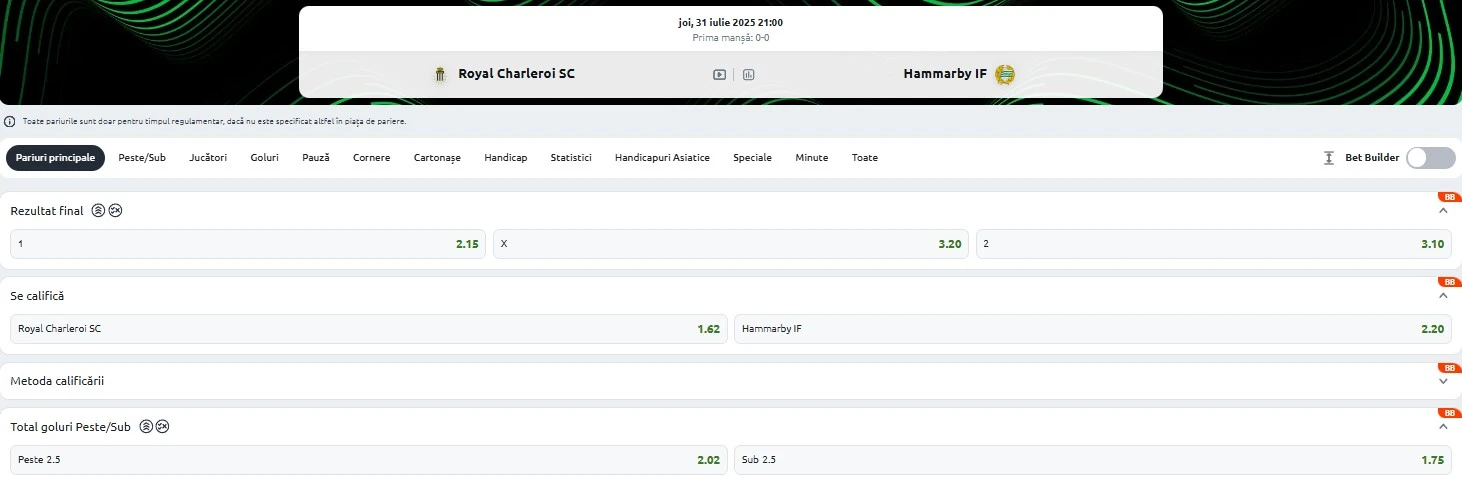 Cote pariuri Charleroi vs Hammarby
