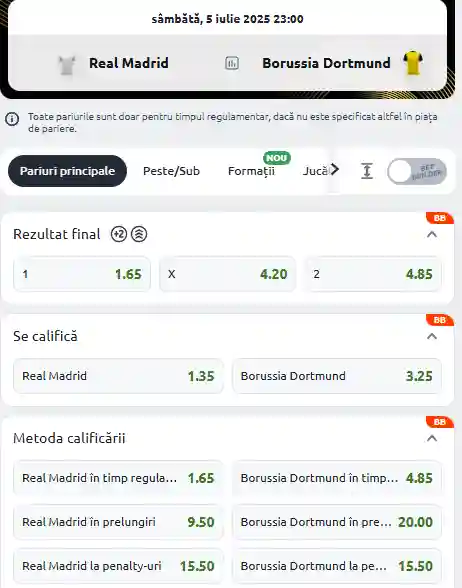 Cote Betano Real Madrid - Dortmund