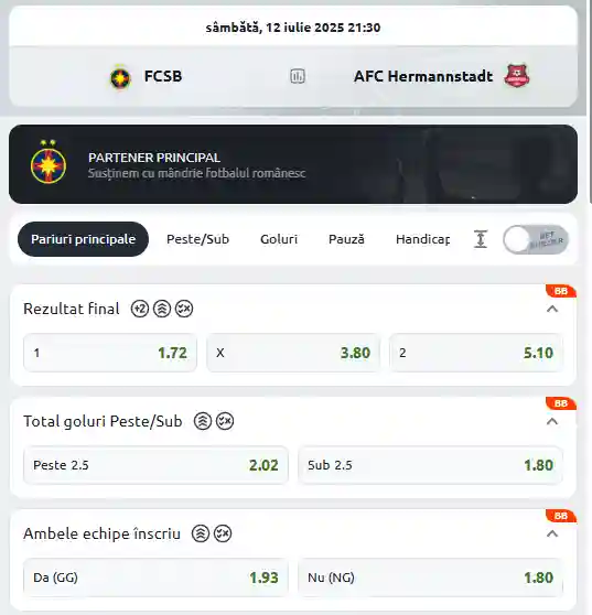 Cote FCSB vs Hermannstadt oferite de Betano