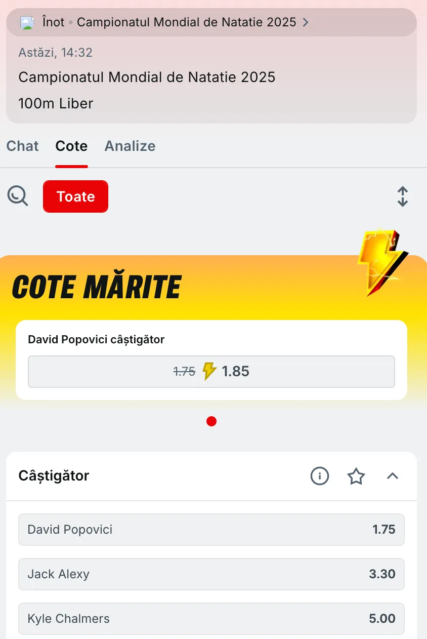 cote finala 100 m liber campionatul mondial de natație singapore 2025 la Superbet