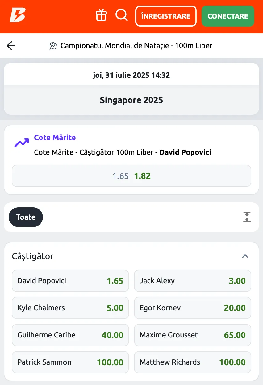 cote pariuri David Popovici finala 100 m liber Singapore la Betano