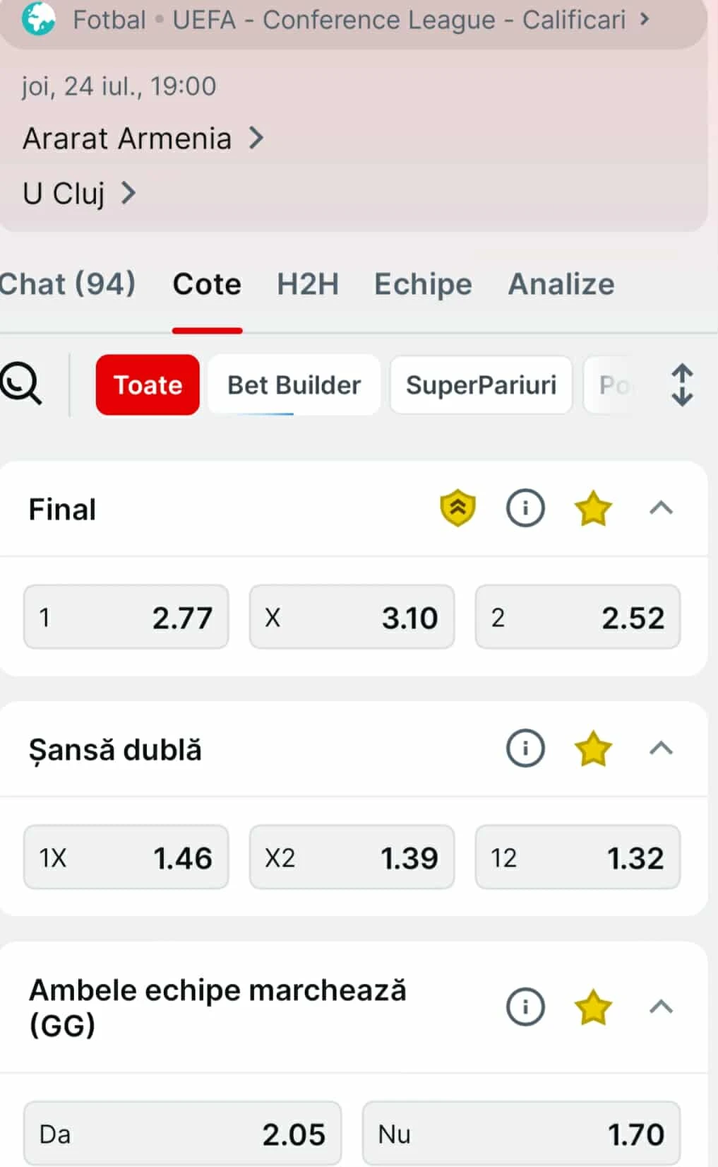 Cote pariuri Ararat-Armenia vs U Cluj de la Superbet