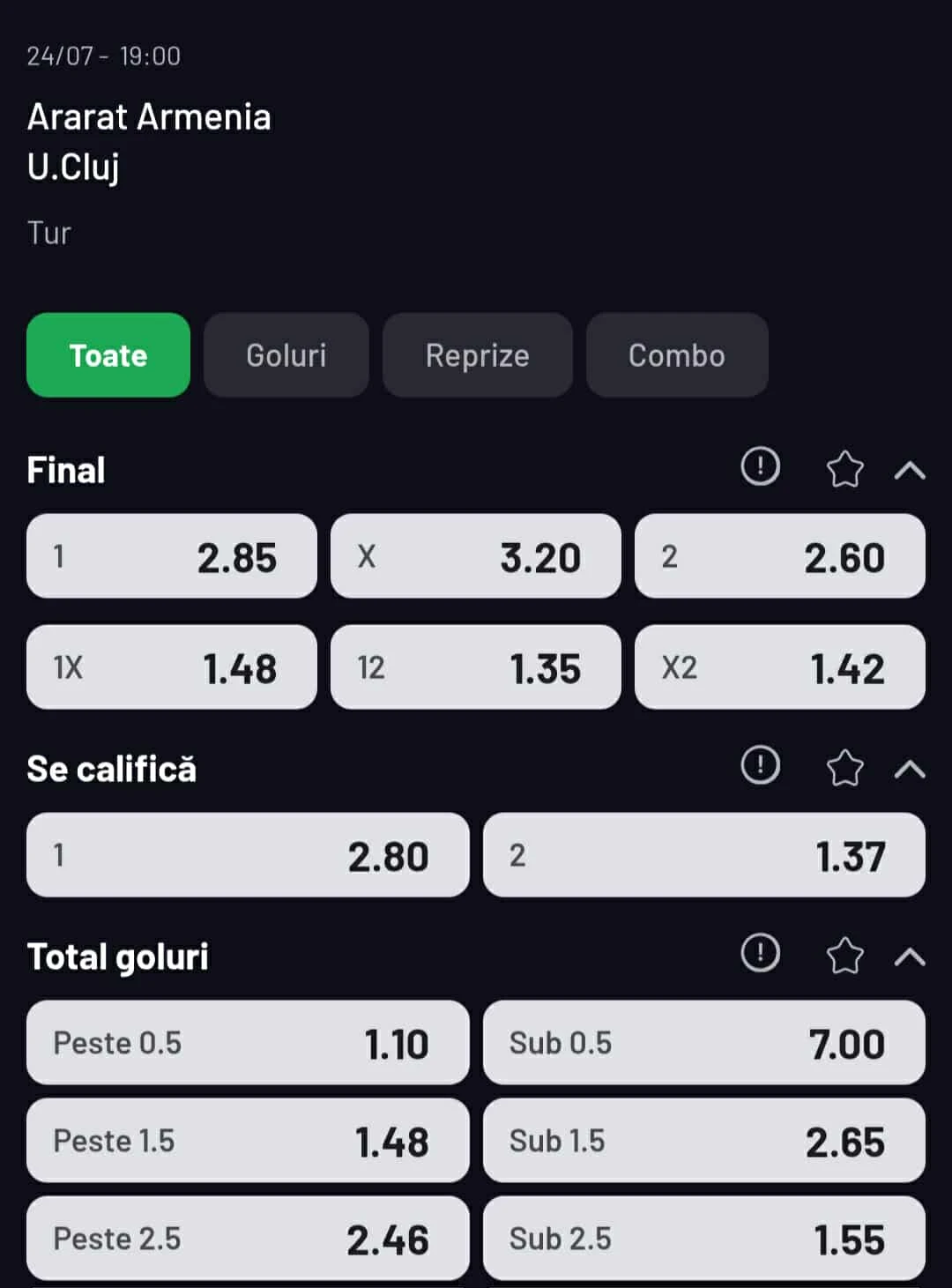 Cote pariuri Ararat-Armenia vs U Cluj oferite de Maxbet