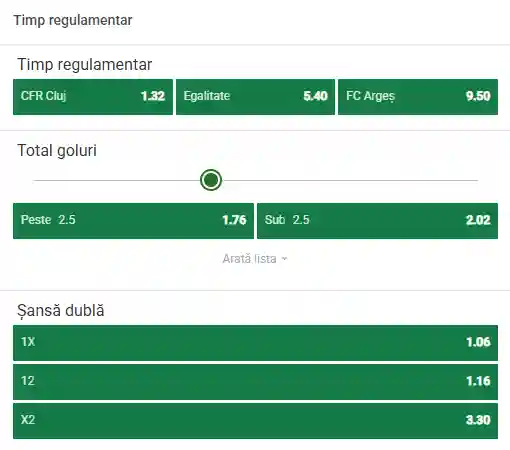 Cote Pariuri CFR Cluj - FC Argeș oferite de Unibet