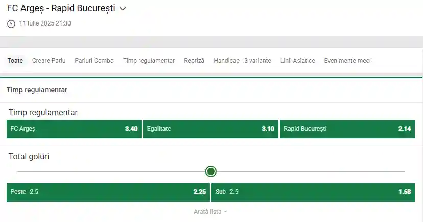 Cote pariuri FC Argeș - Rapid la Unibet