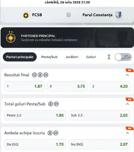 Cote Pariuri FCSB vs Farul Constanța la Betano