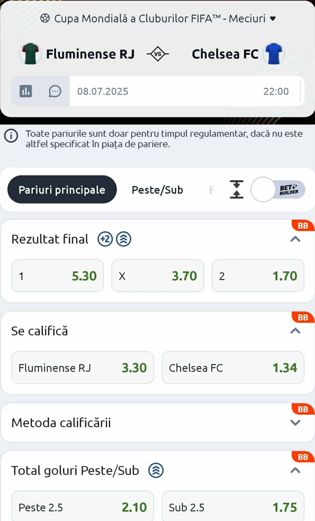 Cote pariuri Fluminense vs Chelsea oferite de Betano