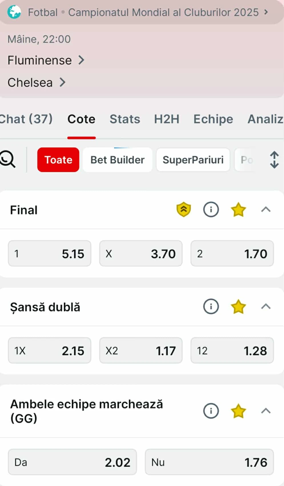 Cote pariuri Fluminense vs Chelsea la Superbet