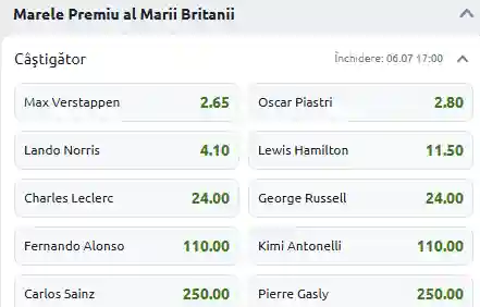 Cote Pariuri Marele Premiu al Marii Britanii 2025 la Betano