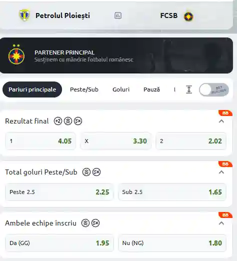 Cote Pariuri Petrolul Ploiești - FCSB oferite de Betano