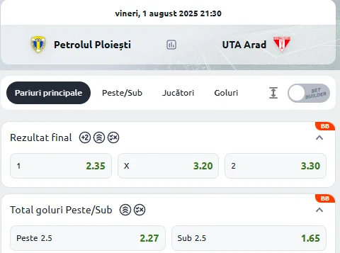 Cote Pariuri Petrolul Ploiești vs UTA Arad oferite de Betano