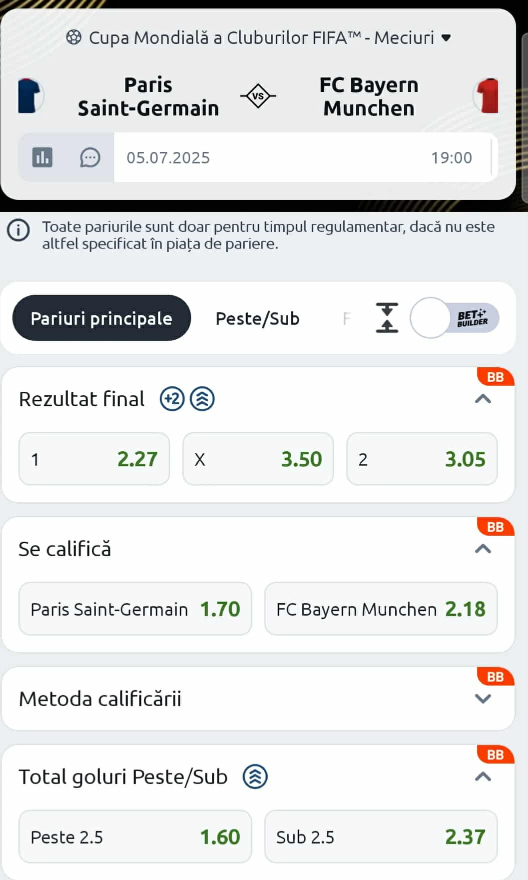 Cote pariuri PSG vs Bayern de la Betano