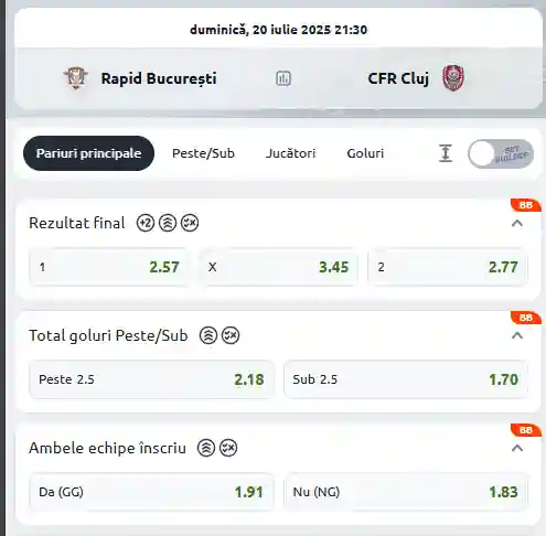 Cote pariuri Rapid vs CFR Cluj la Betano